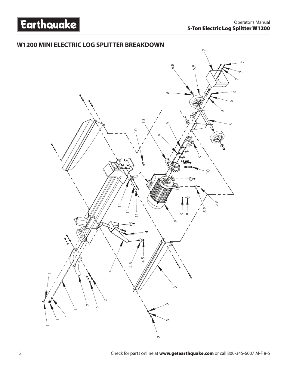 W1200 mini electric log splitter breakdown, Ton electric log splitter w1200 | EarthQuake W1200 User Manual | Page 12 / 16