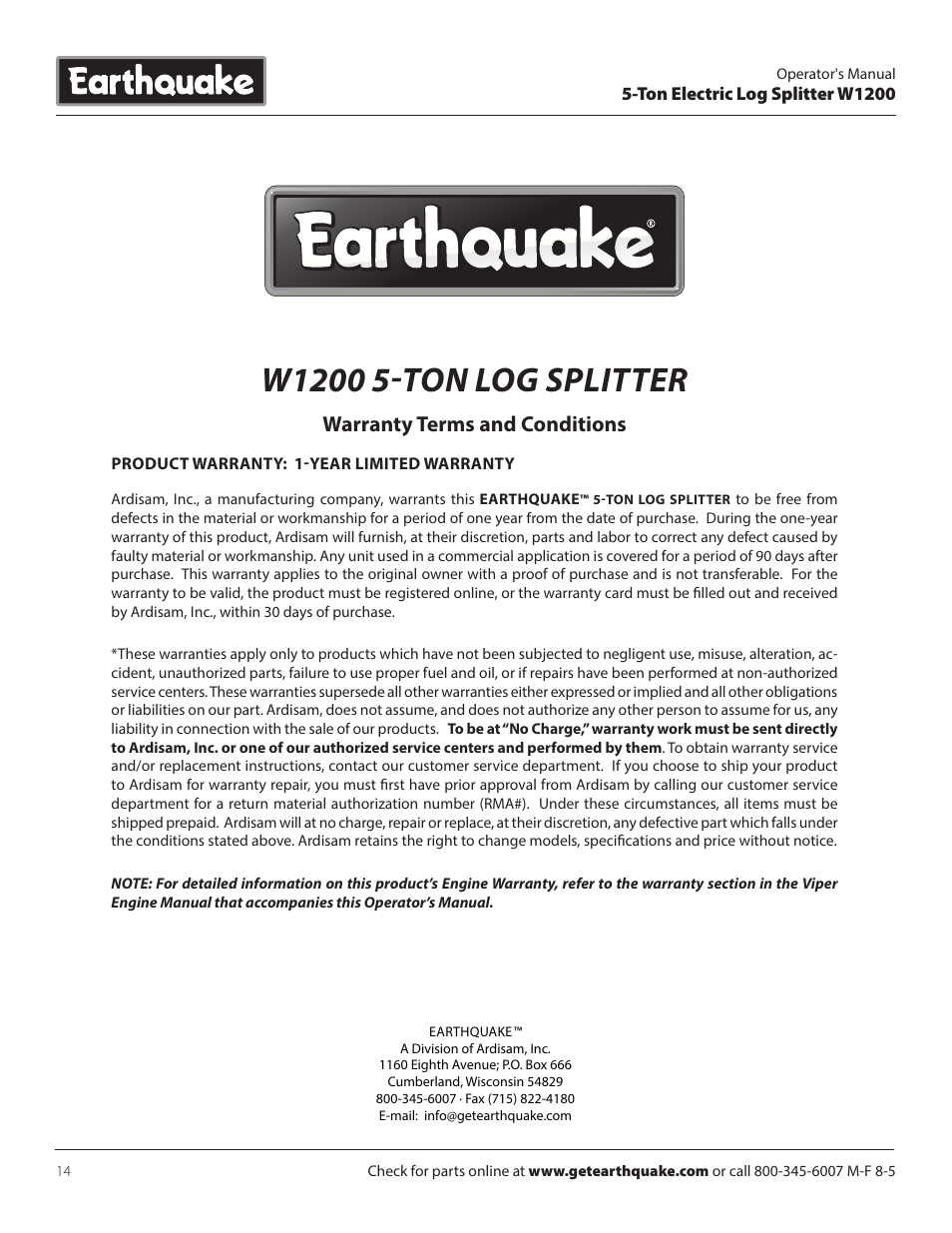 Warranty terms and conditions | EarthQuake W1200 User Manual | Page 14 / 16