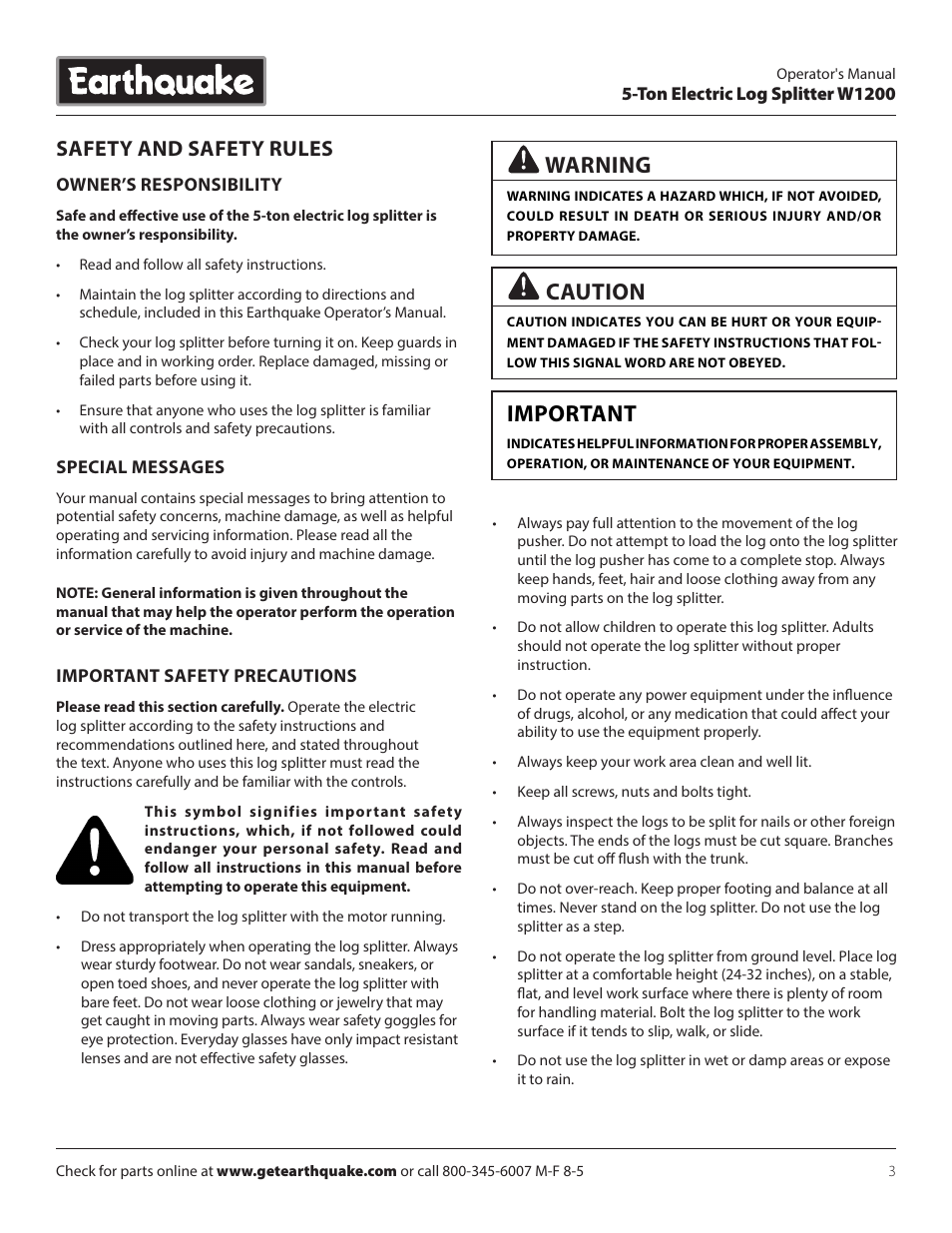 Warning, Caution, Important | Safety and safety rules | EarthQuake W1200 User Manual | Page 3 / 16