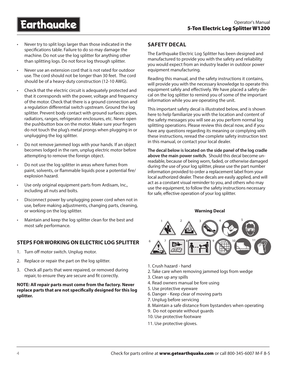 Ton electric log splitter w1200, Safety decal, Steps for working on electric log splitter | EarthQuake W1200 User Manual | Page 4 / 16