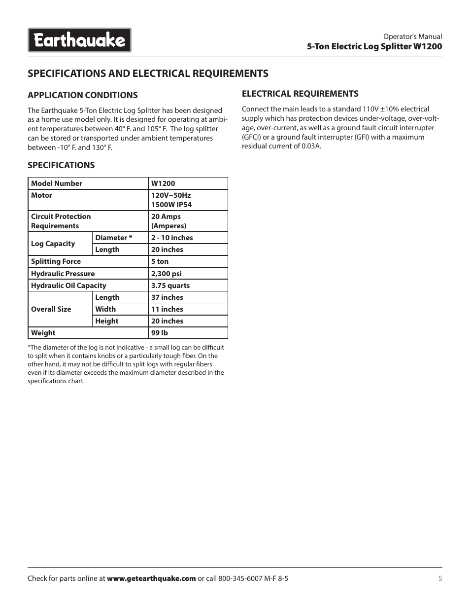 Specifications and electrical requirements | EarthQuake W1200 User Manual | Page 5 / 16