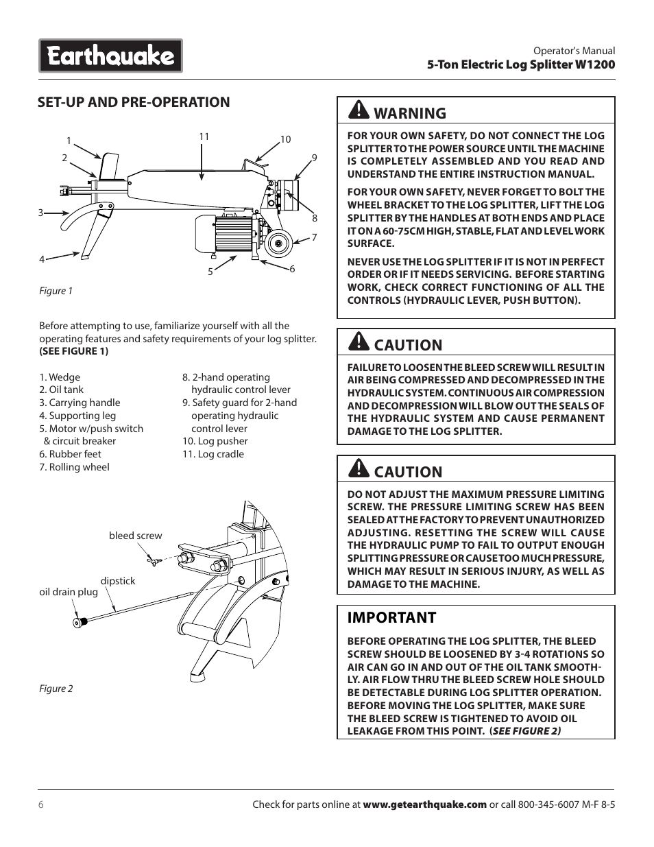 Warning, Important, Caution | Set-up and pre-operation, Ton electric log splitter w1200 | EarthQuake W1200 User Manual | Page 6 / 16