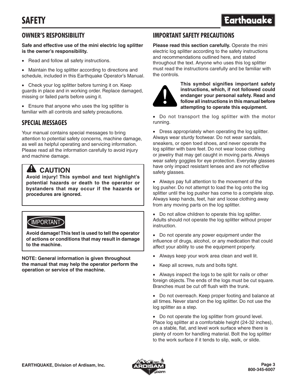 Safety, Owner’s responsibility, Special messages | Caution, Important safety precautions | EarthQuake W1000 User Manual | Page 3 / 12