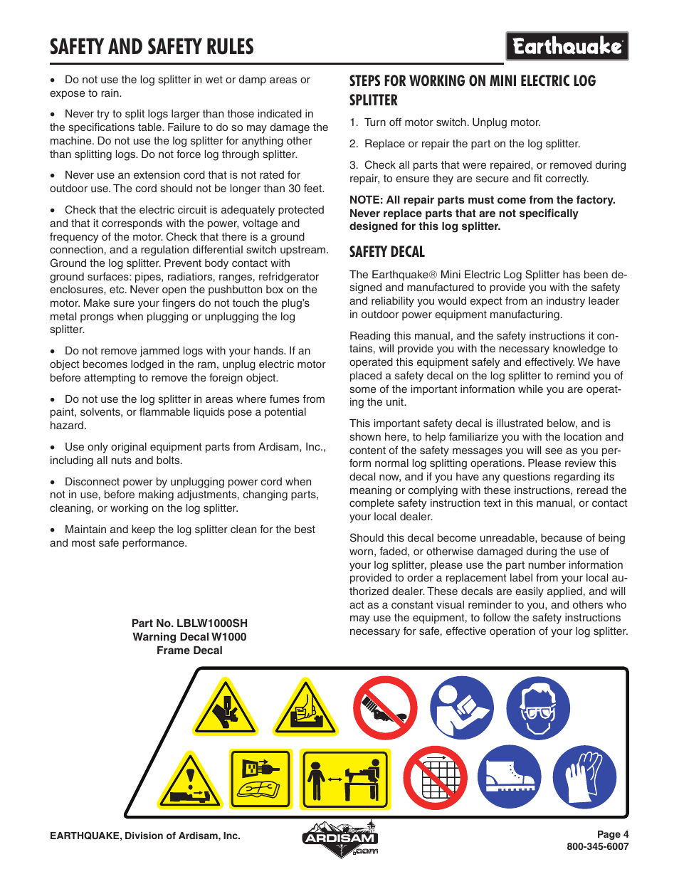 Safety and safety rules, Steps for working on mini electric log splitter, Safety decal | EarthQuake W1000 User Manual | Page 4 / 12