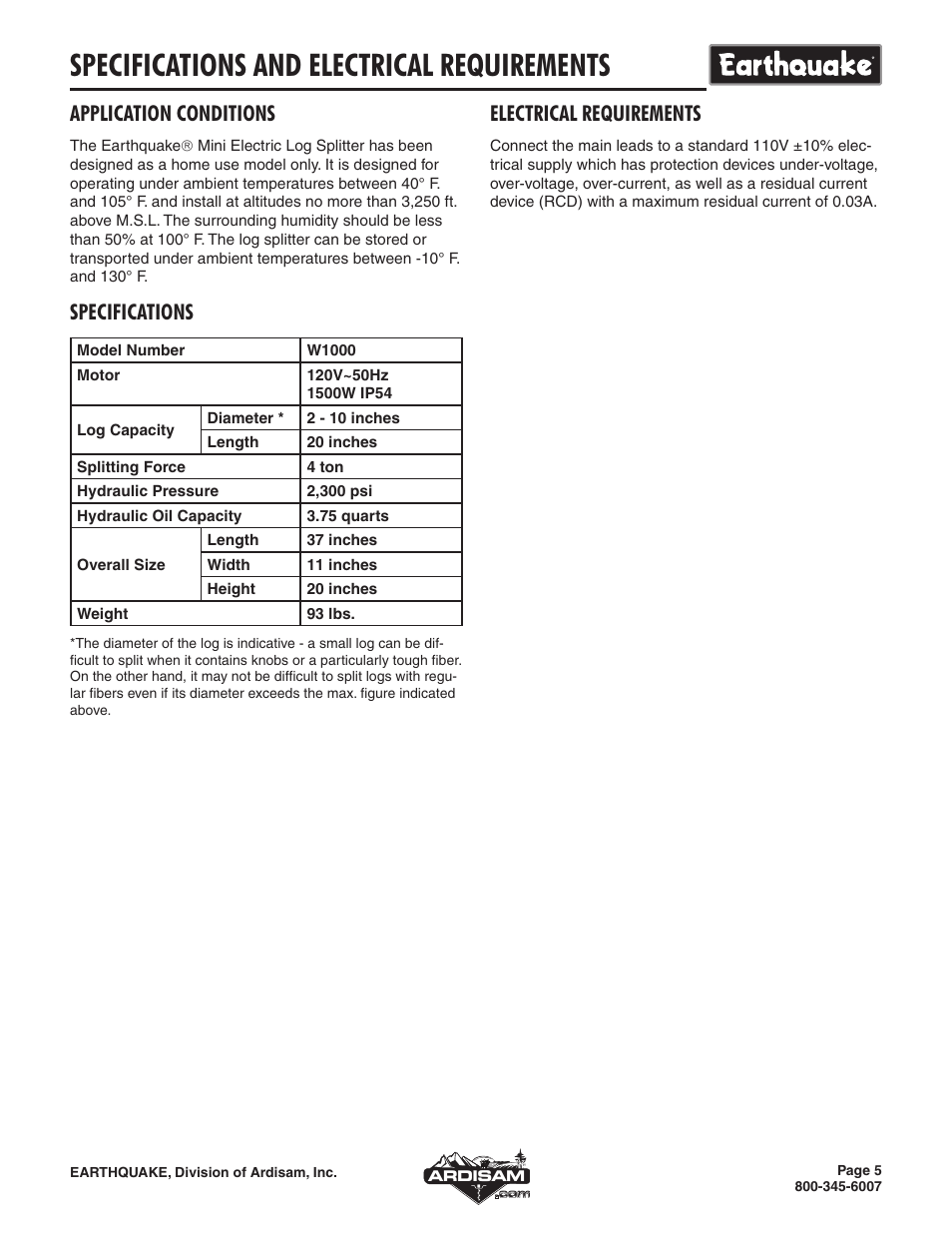 Specifications and electrical requirements, Application conditions, Specifications | Electrical requirements | EarthQuake W1000 User Manual | Page 5 / 12