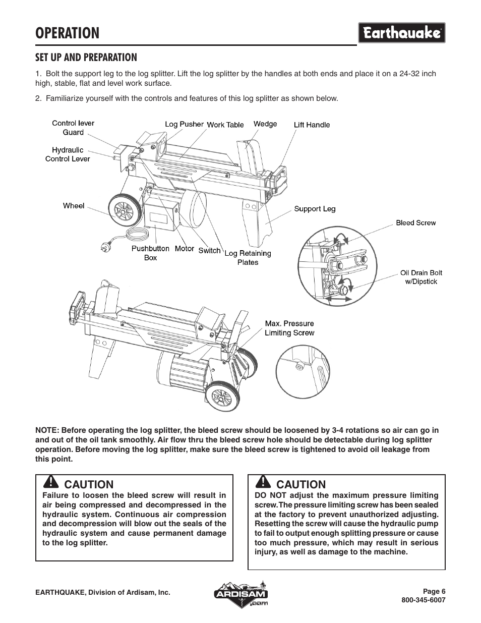 Operation, Set up and preparation, Caution | EarthQuake W1000 User Manual | Page 6 / 12