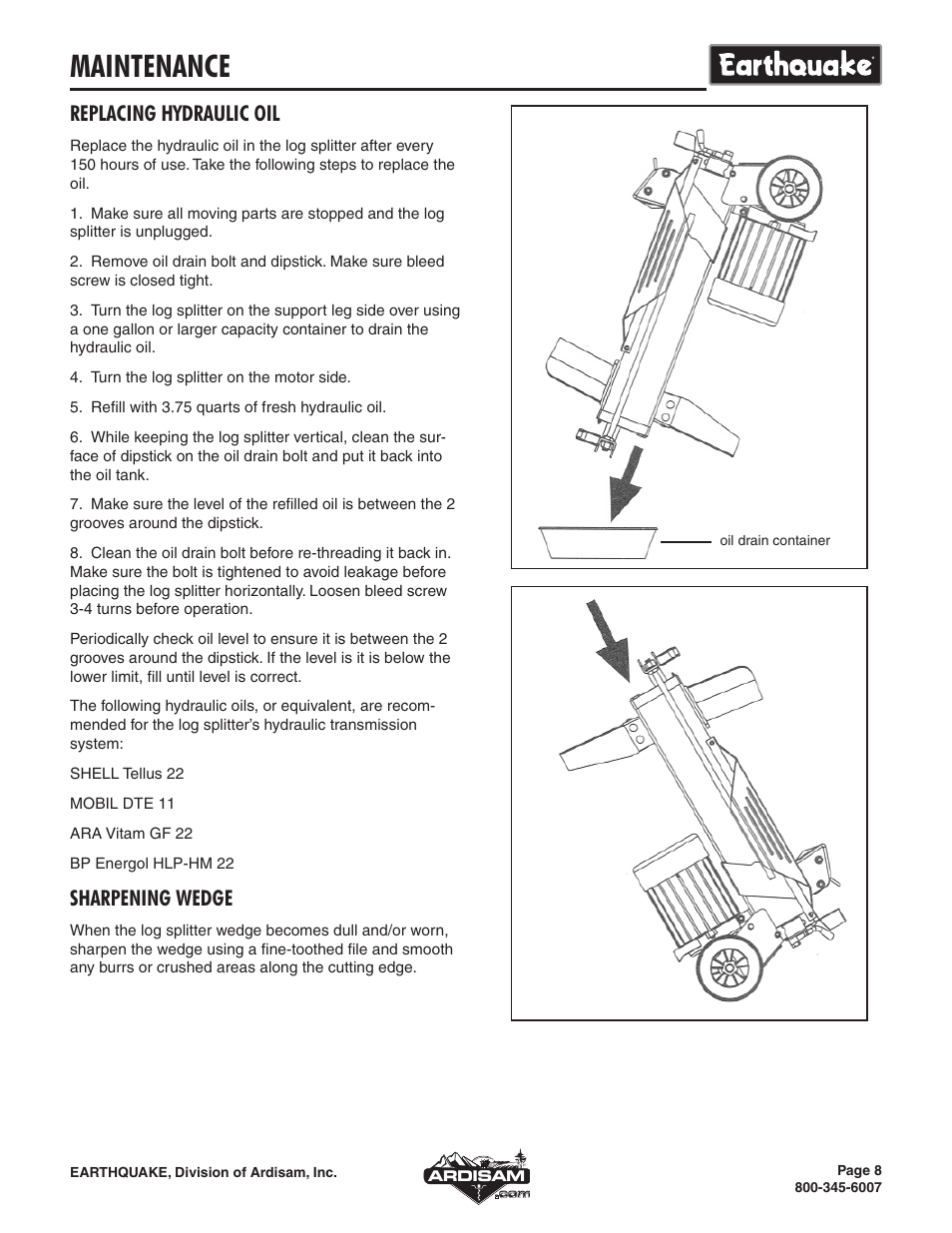 Maintenance, Replacing hydraulic oil, Sharpening wedge | EarthQuake W1000 User Manual | Page 8 / 12