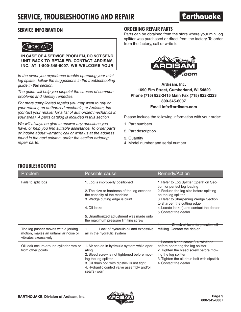 Service, troubleshooting and repair, Ardisam, Ordering repair parts | Service information, Troubleshooting | EarthQuake W1000 User Manual | Page 9 / 12