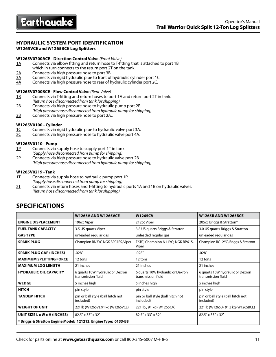 Specifications, Trail warrior quick split 12-ton log splitters, Hydraulic system port identification | EarthQuake W1265B User Manual | Page 11 / 36