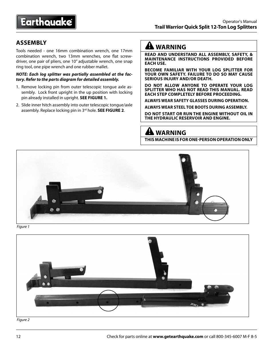 Warning, Assembly | EarthQuake W1265B User Manual | Page 12 / 36