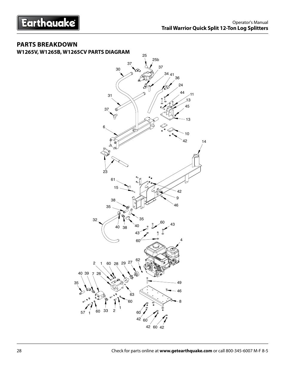 Parts breakdown, Trail warrior quick split 12-ton log splitters | EarthQuake W1265B User Manual | Page 28 / 36