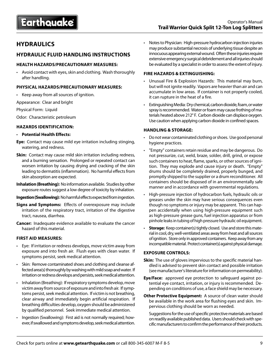 Hydraulics | EarthQuake W1265B User Manual | Page 9 / 36