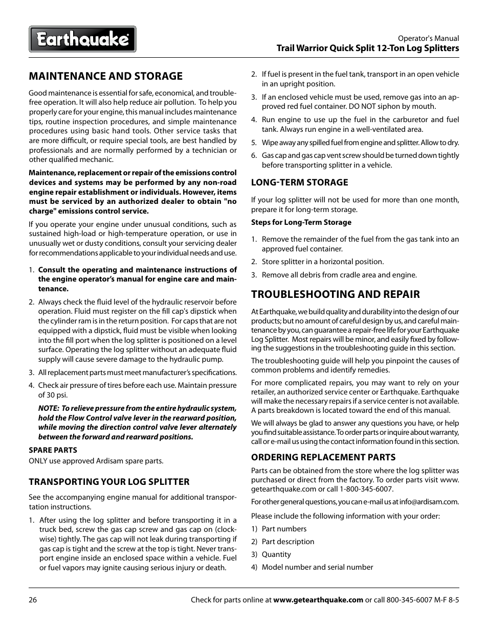 Maintenance and storage, Troubleshooting and repair | EarthQuake W1265V User Manual | Page 26 / 36