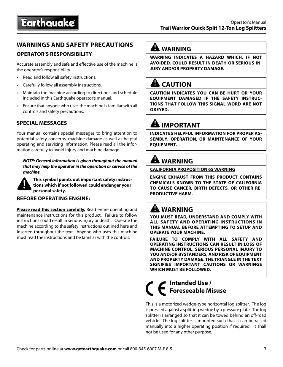 Caution, Important, Intended use / foreseeable misuse | Warnings and safety precautions, Warning | EarthQuake W1265V User Manual | Page 3 / 36