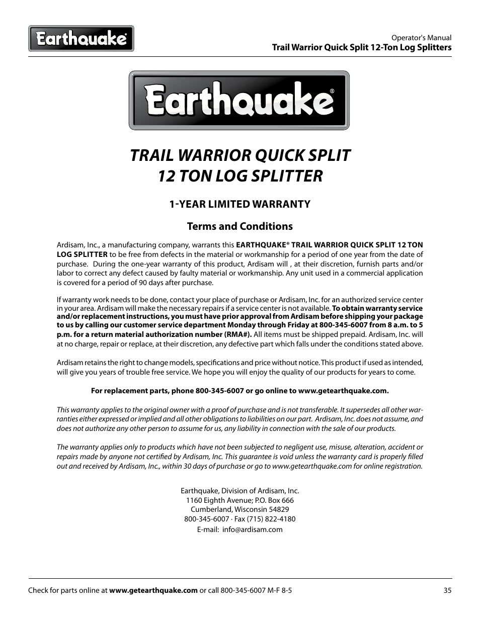 Trail warrior quick split 12 ton log splitter, Year limited warranty terms and conditions | EarthQuake W1265V User Manual | Page 35 / 36