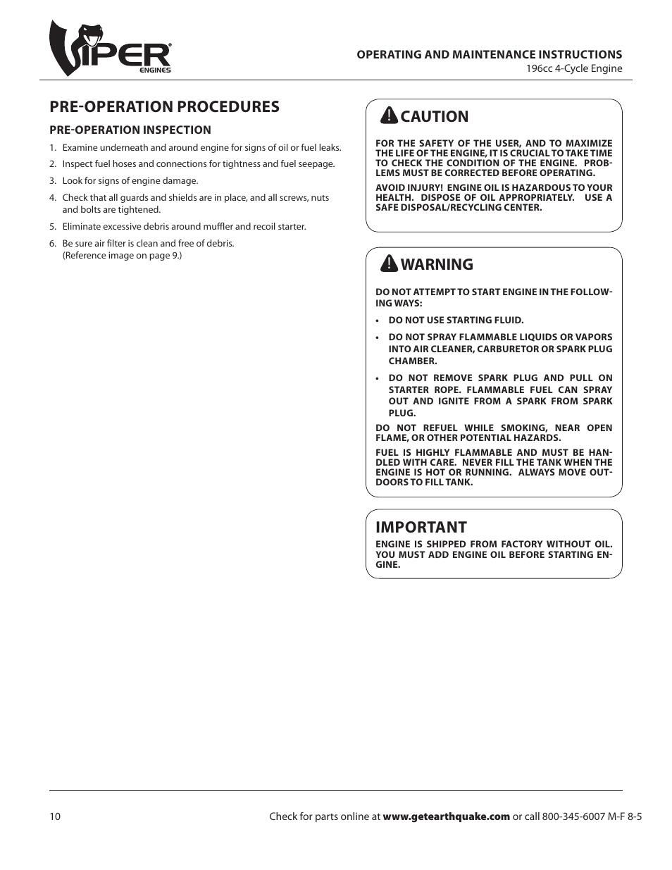 Pre-operation procedures, Caution, Warning | Important | EarthQuake W1265VCE User Manual | Page 10 / 24