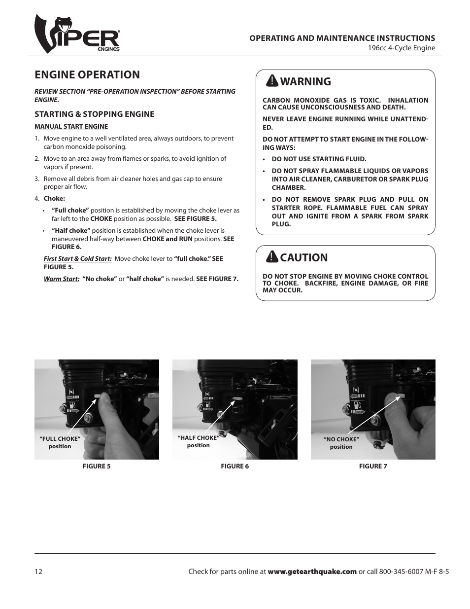 Engine operation, Warning, Caution | EarthQuake W1265VCE User Manual | Page 12 / 24