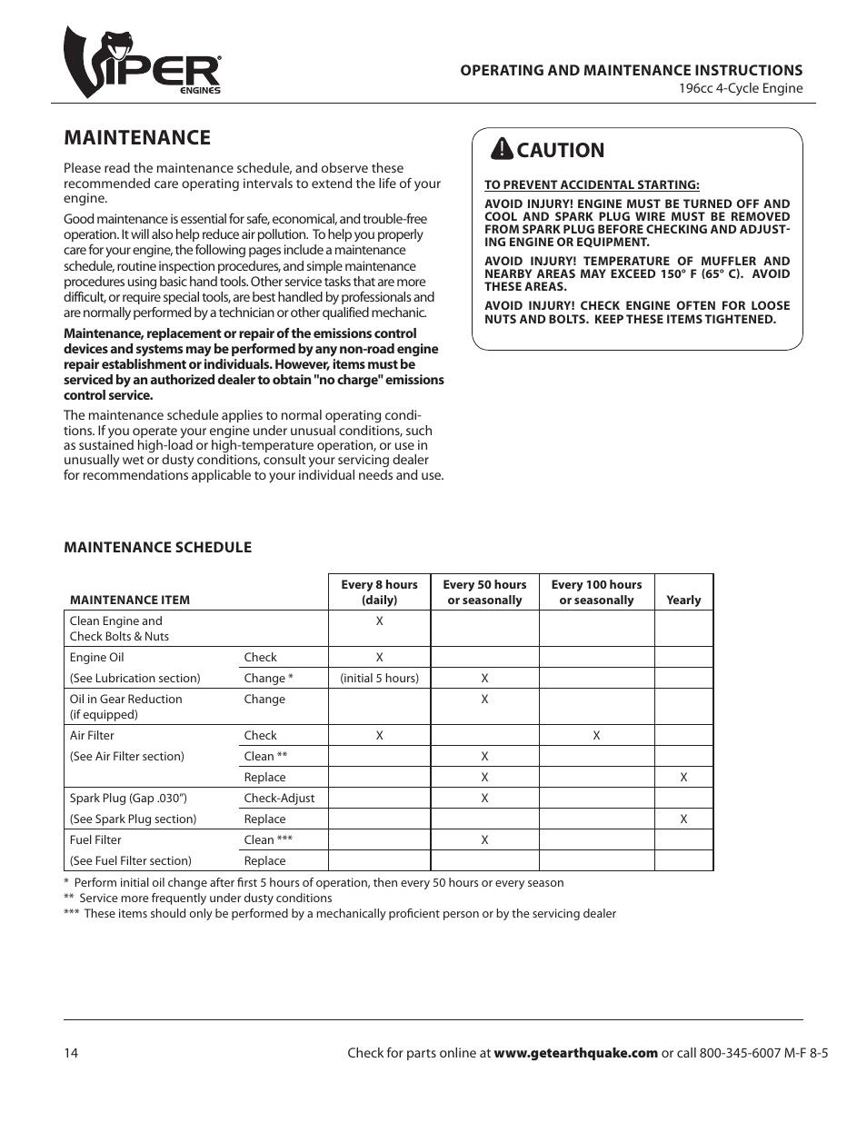 Caution, Maintenance | EarthQuake W1265VCE User Manual | Page 14 / 24