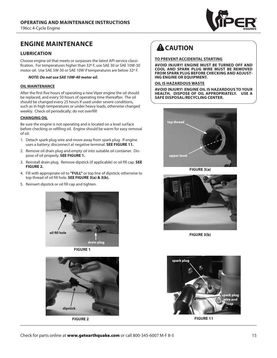 Engine maintenance, Caution | EarthQuake W1265VCE User Manual | Page 15 / 24