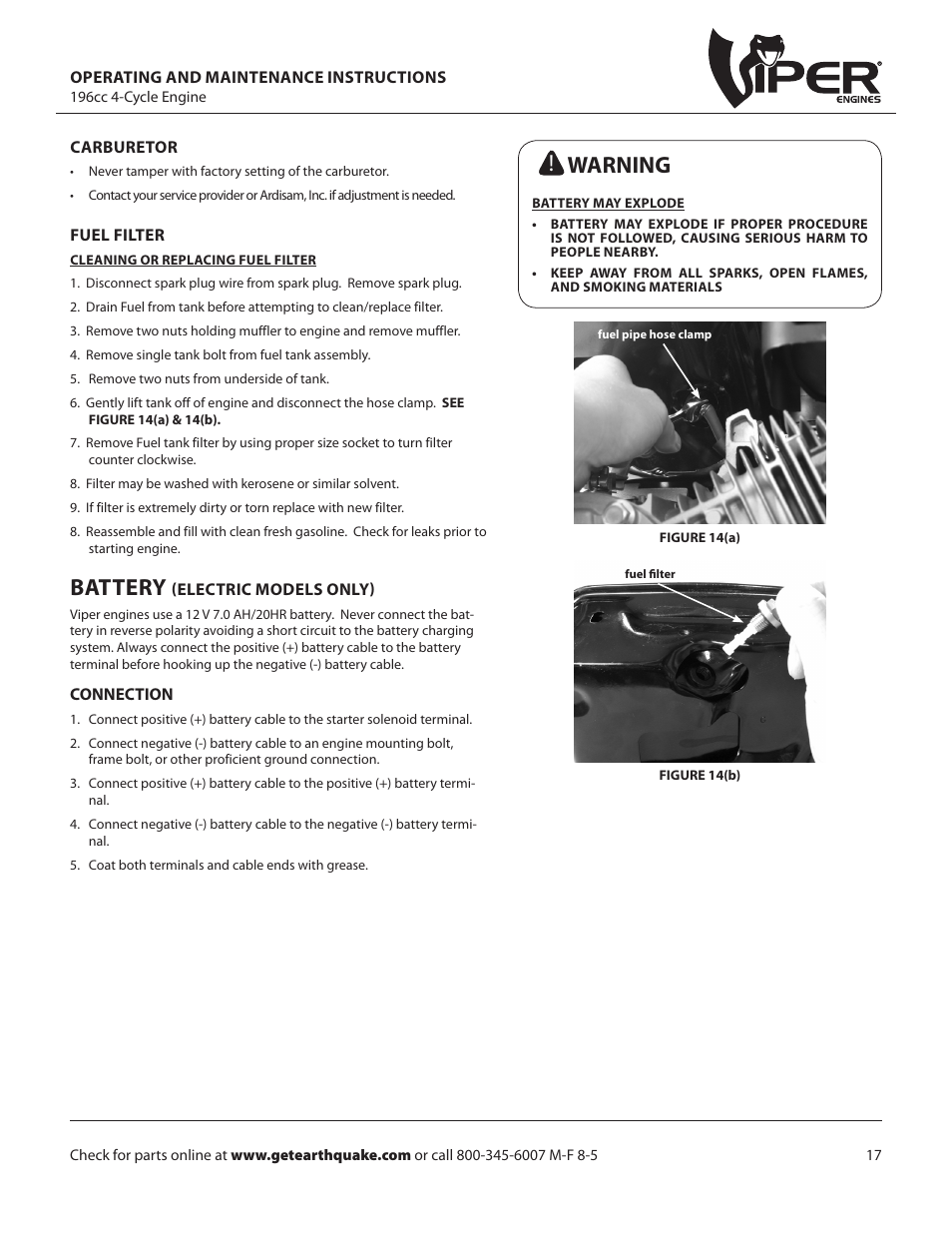 Battery, Warning | EarthQuake W1265VCE User Manual | Page 17 / 24