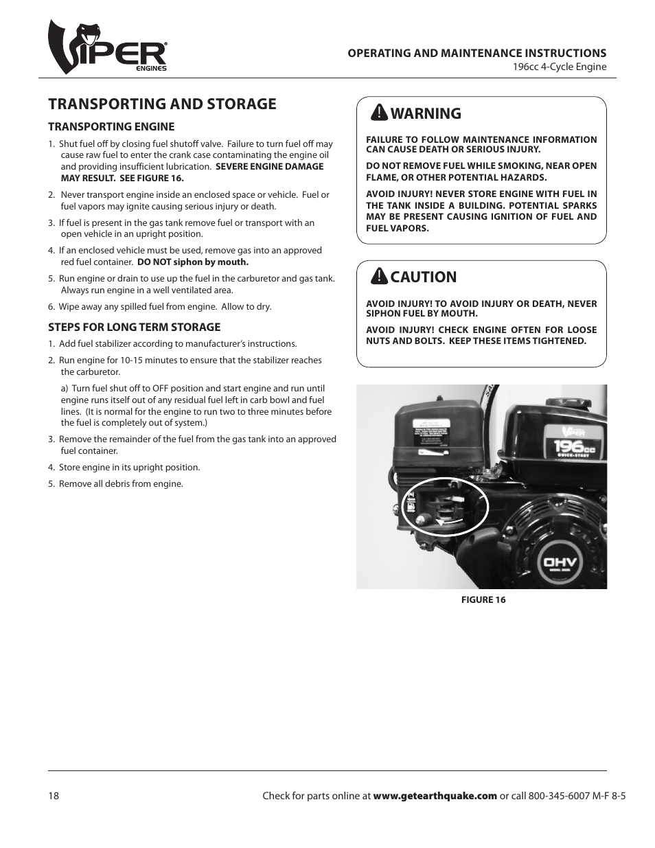 Transporting and storage, Warning ! caution | EarthQuake W1265VCE User Manual | Page 18 / 24