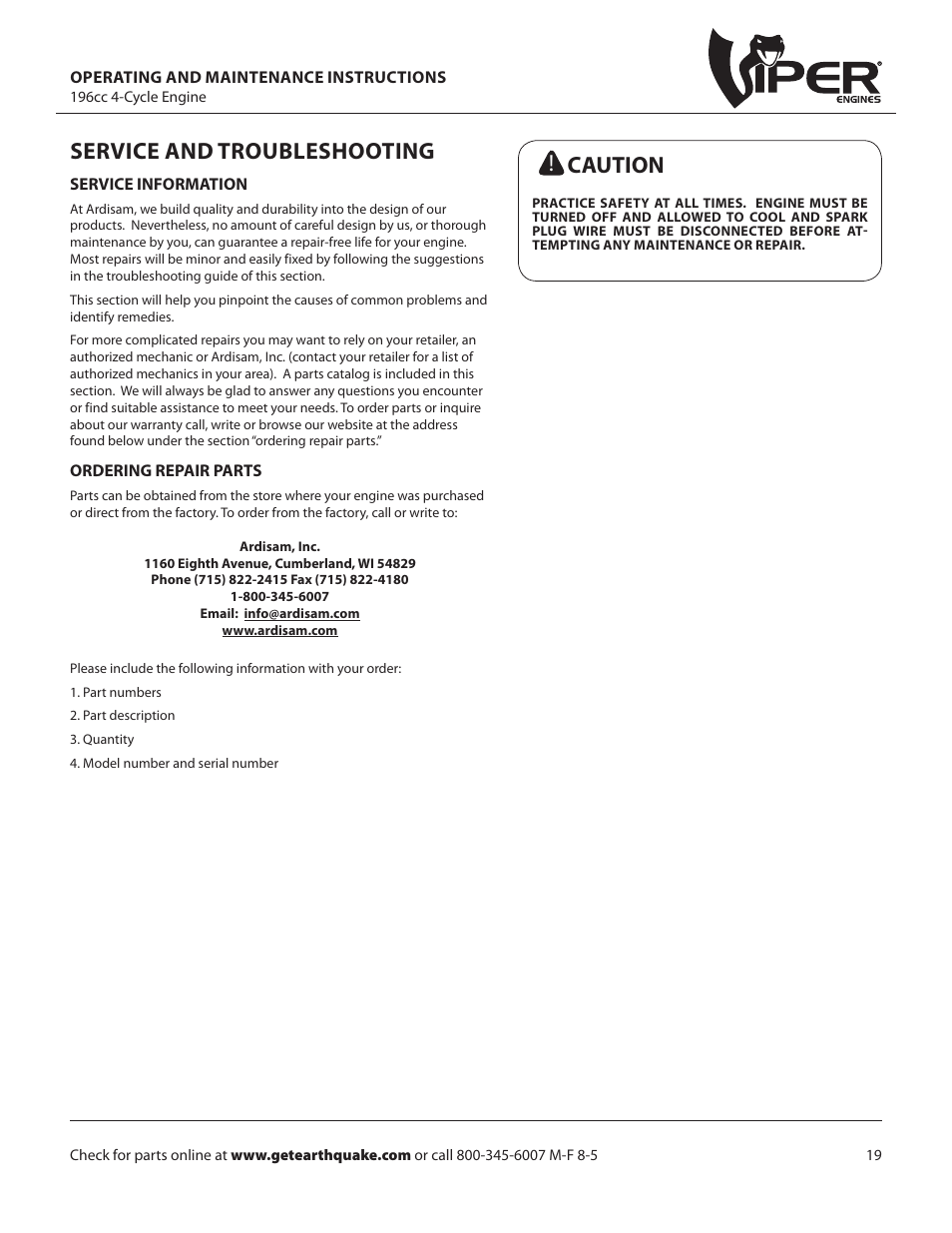 Service and troubleshooting, Caution | EarthQuake W1265VCE User Manual | Page 19 / 24