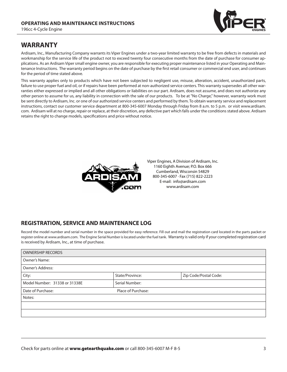 Warranty, Registration, service and maintenance log | EarthQuake W1265VCE User Manual | Page 3 / 24