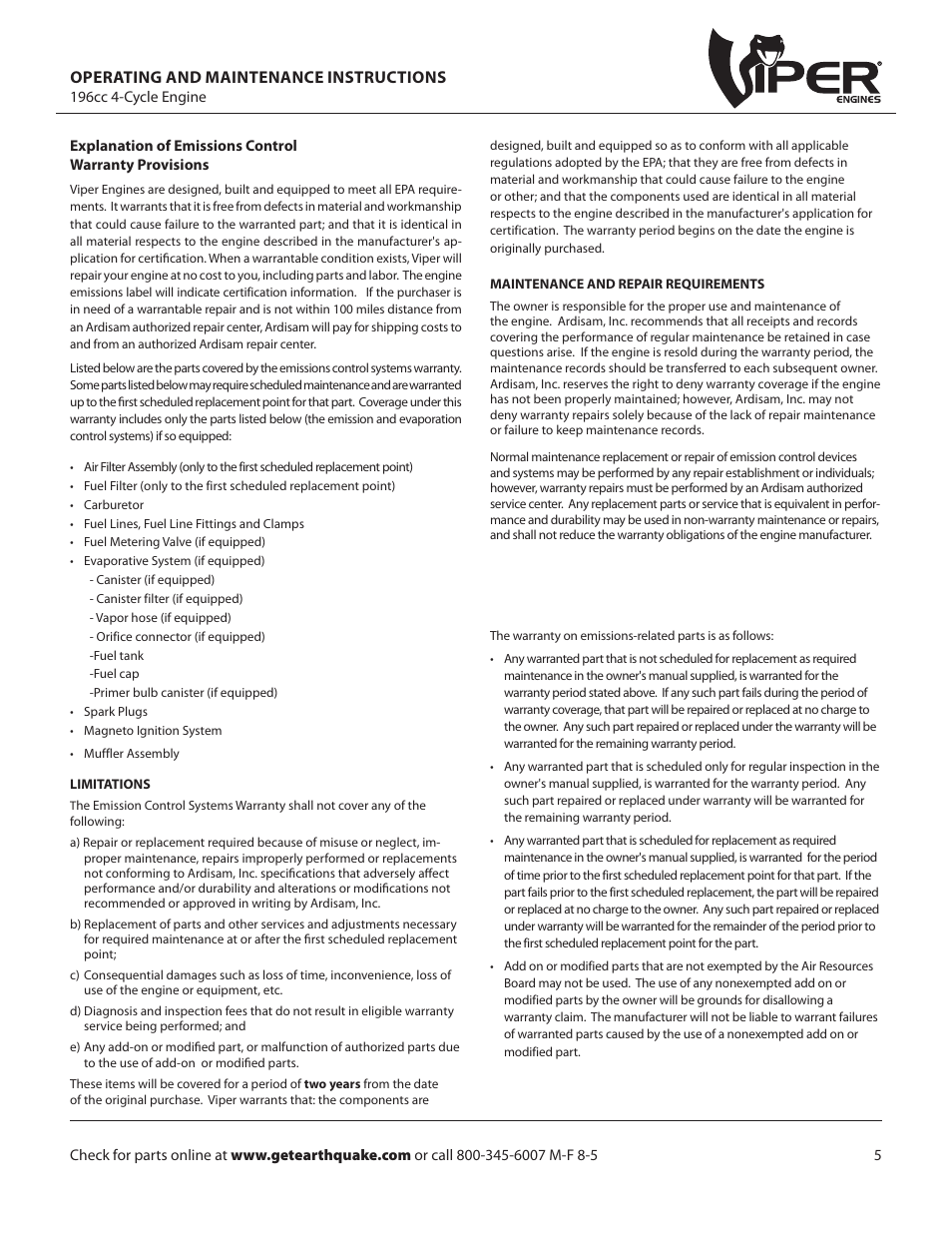 Operating and maintenance instructions | EarthQuake W1265VCE User Manual | Page 5 / 24