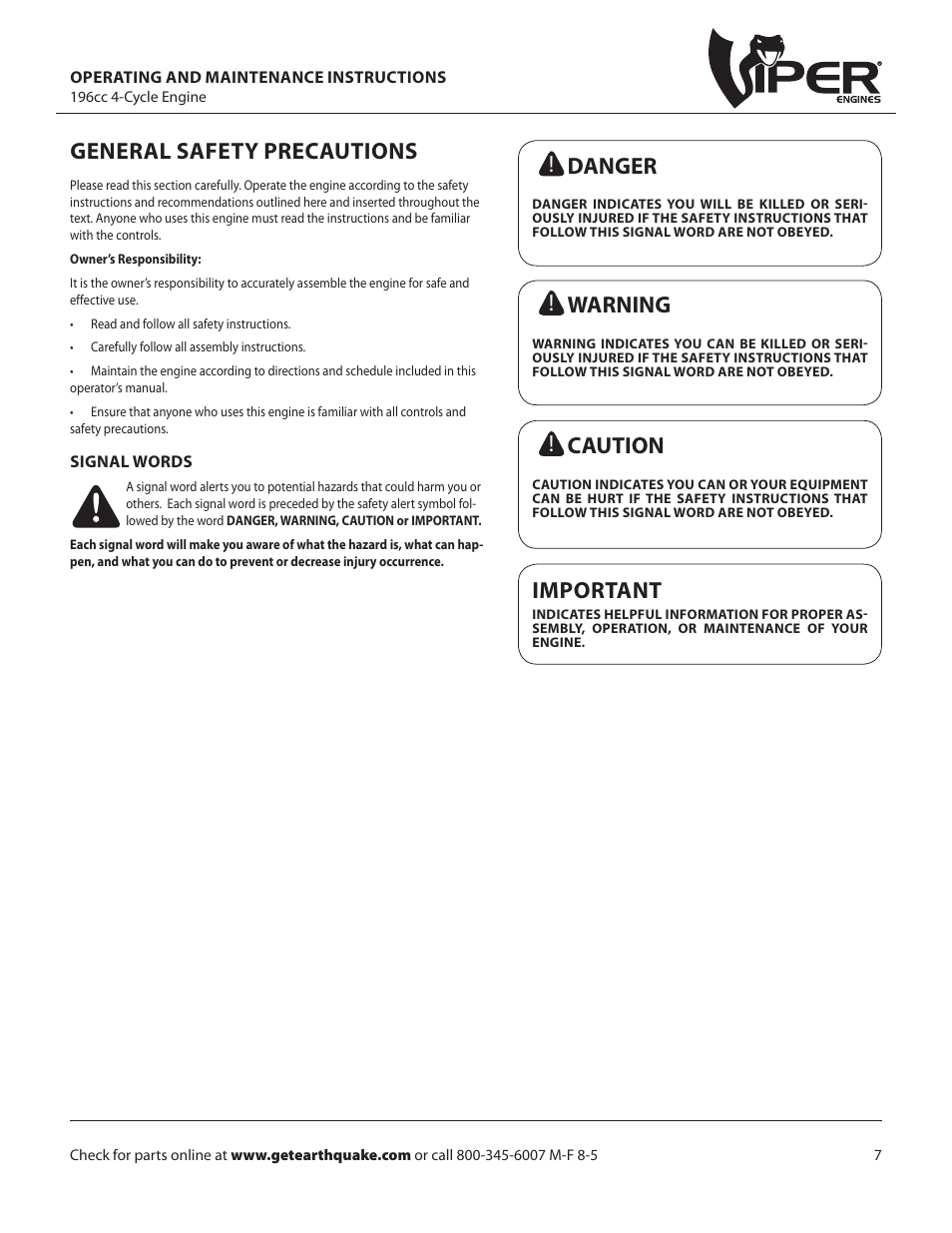 General safety precautions, Warning, Danger | Caution, Important | EarthQuake W1265VCE User Manual | Page 7 / 24