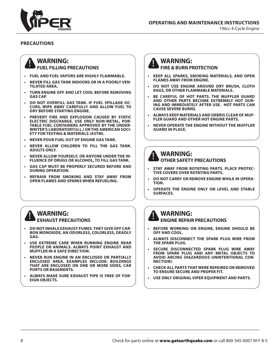 Warning | EarthQuake W1265VCE User Manual | Page 8 / 24