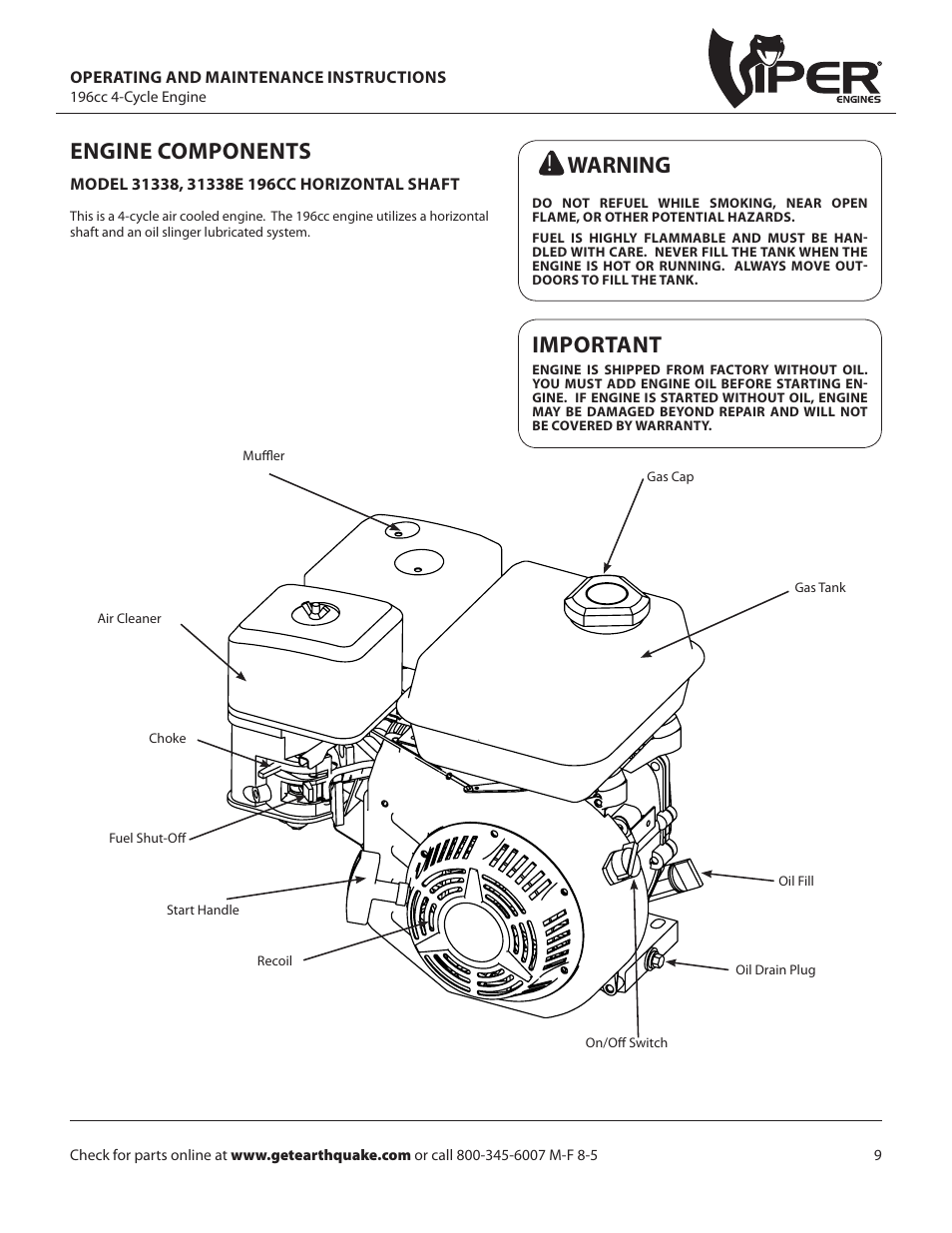 Engine components, Warning, Important | EarthQuake W1265VCE User Manual | Page 9 / 24