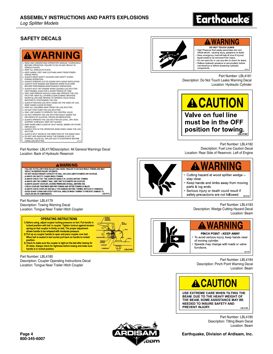 Caution, Warning, Ardisam | Assembly instructions and parts explosions, Safety decals, Log splitter models | EarthQuake W2265V User Manual | Page 4 / 20