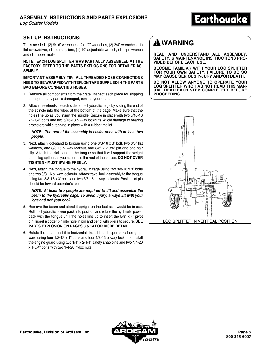 Warning, Ardisam | EarthQuake W2265V User Manual | Page 5 / 20