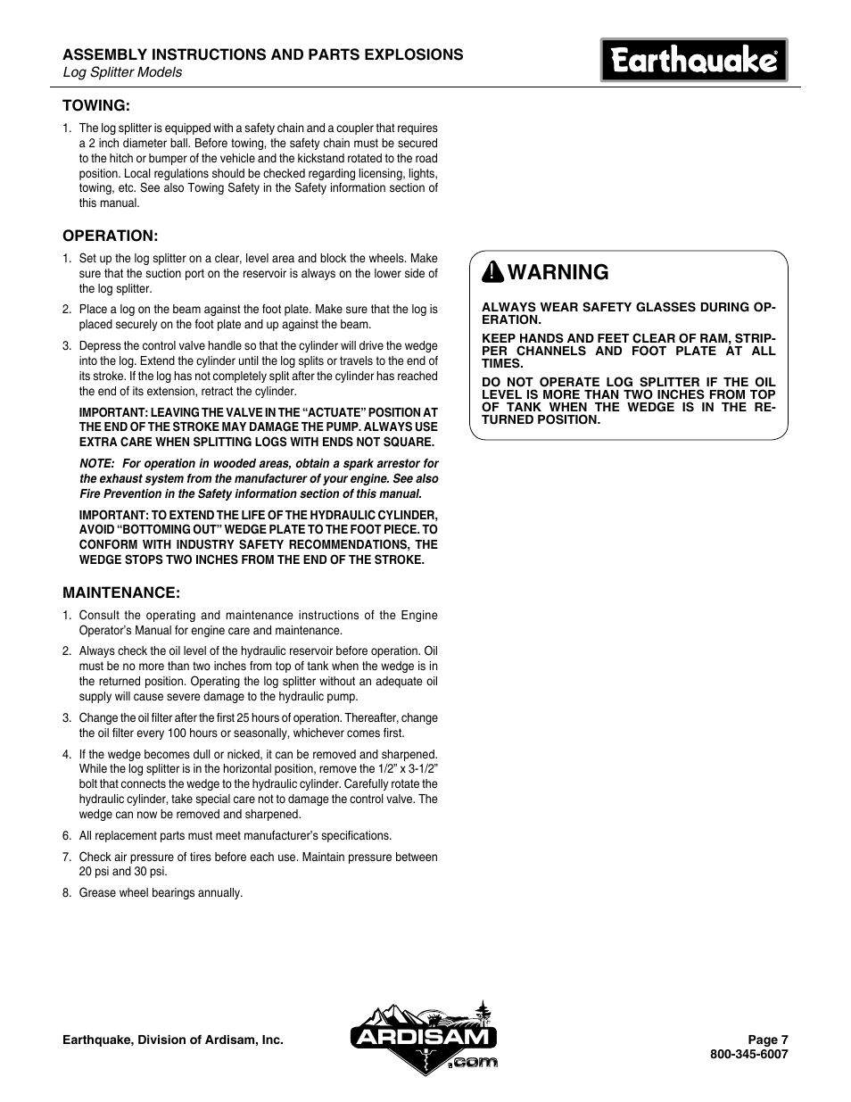 Warning, Ardisam | EarthQuake W2265V User Manual | Page 7 / 20