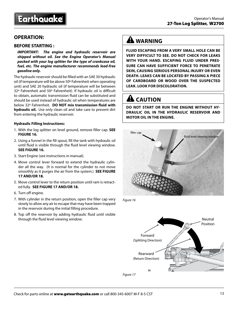 Warning, Caution, Operation | EarthQuake W2700B User Manual | Page 13 / 20