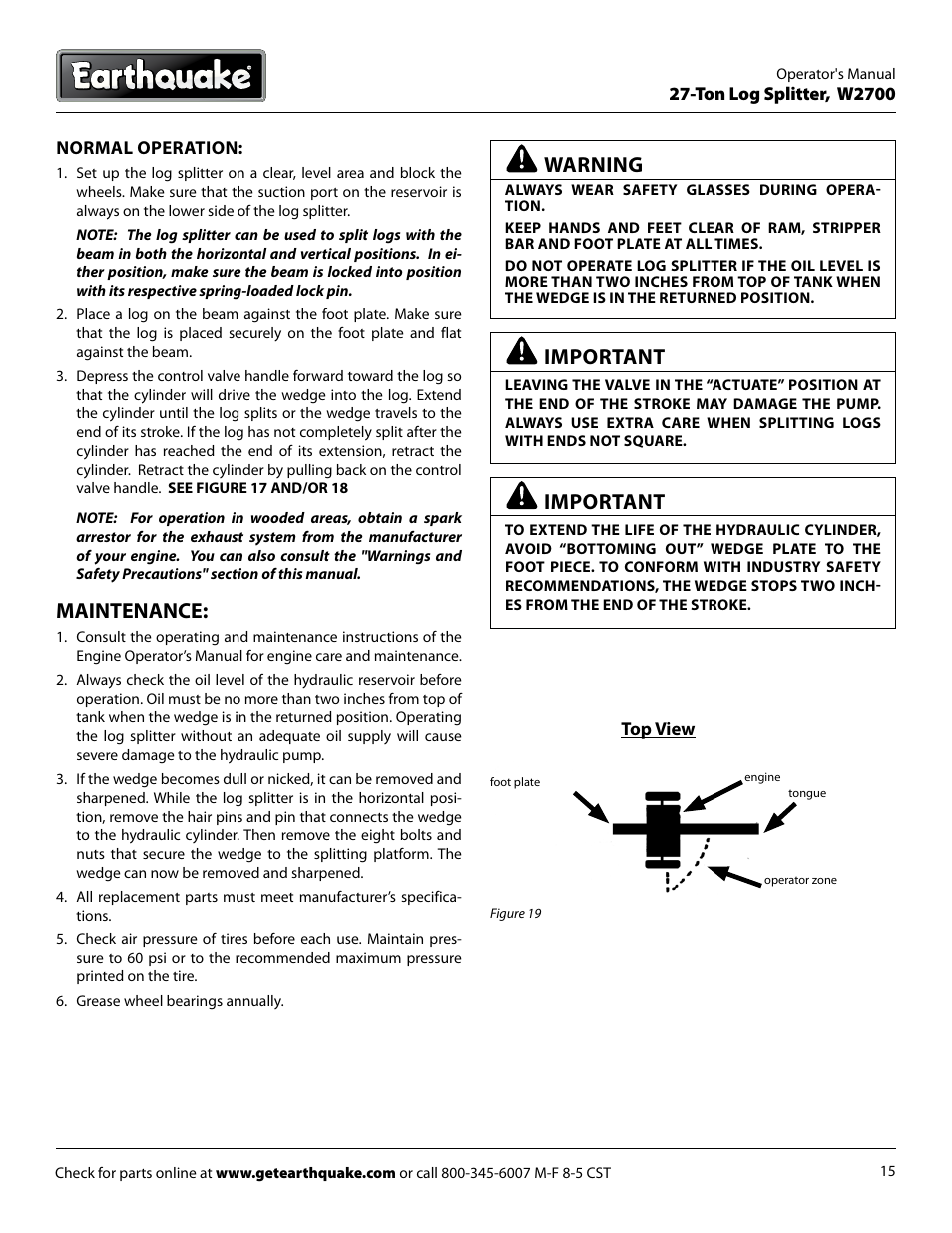 Maintenance, Warning, Important | EarthQuake W2700B User Manual | Page 15 / 20