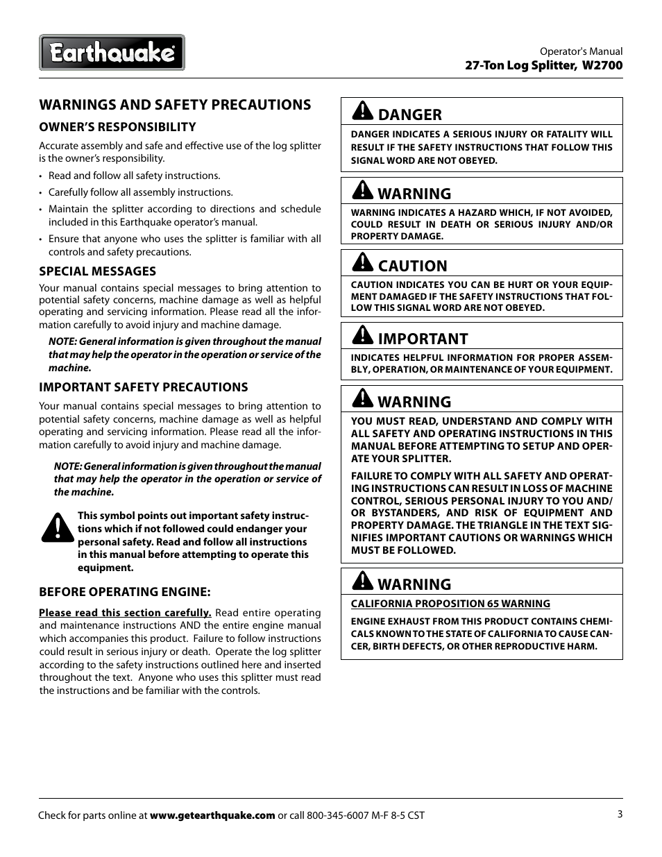 Warning, Caution, Danger | Important, Warnings and safety precautions | EarthQuake W2700B User Manual | Page 3 / 20