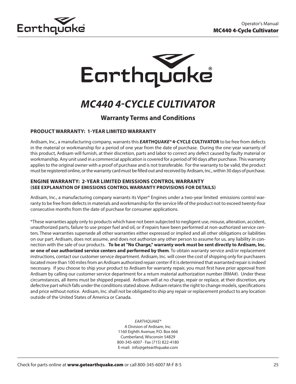 Mc440 4-cycle cultivator, Warranty terms and conditions | EarthQuake 12802 User Manual | Page 25 / 84