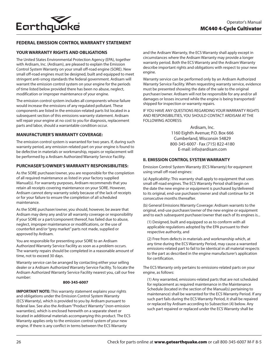 Mc440 4-cycle cultivator | EarthQuake 12802 User Manual | Page 26 / 84