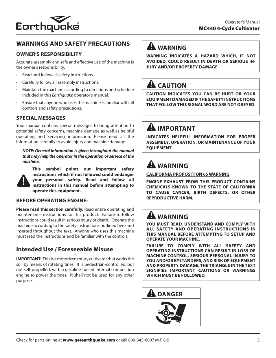 Caution, Important, Warnings and safety precautions | Warning, Intended use / foreseeable misuse, Danger | EarthQuake 12802 User Manual | Page 3 / 84