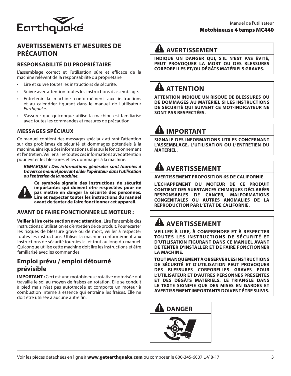 Attention, Important, Avertissements et mesures de précaution | Emploi prévu / emploi détourné prévisible, Avertissement, Danger | EarthQuake 12802 User Manual | Page 31 / 84