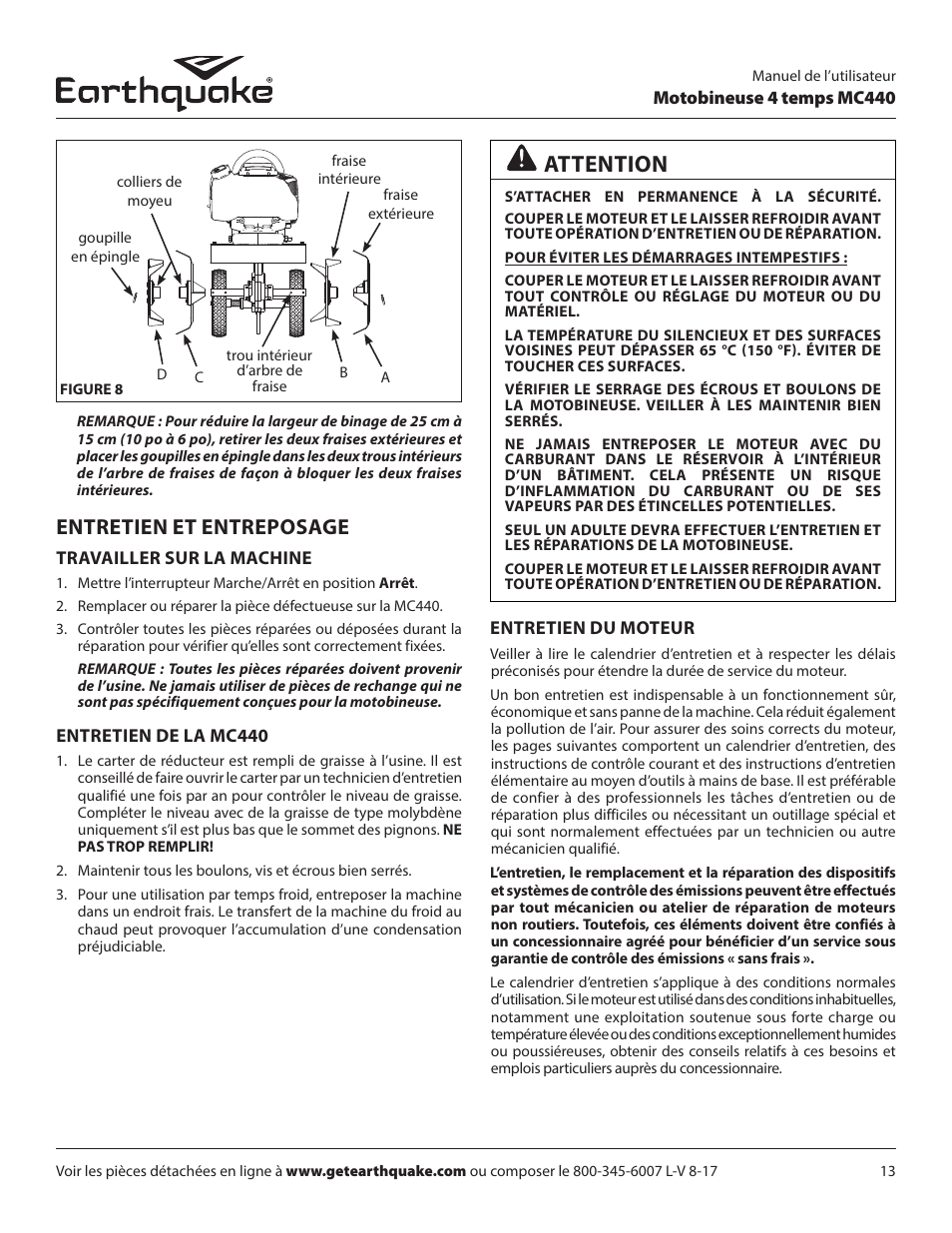 Attention, Entretien et entreposage | EarthQuake 12802 User Manual | Page 41 / 84