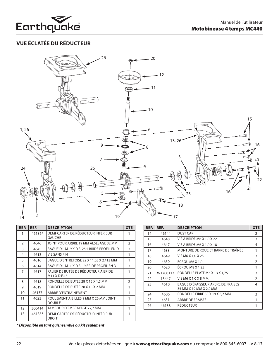 Motobineuse 4 temps mc440, Vue éclatée du réducteur | EarthQuake 12802 User Manual | Page 50 / 84