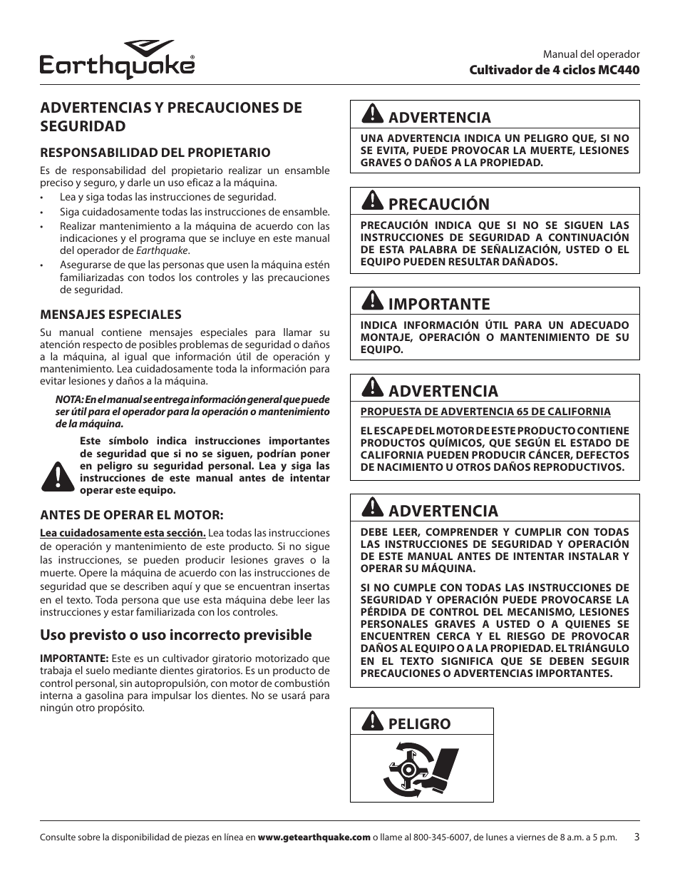 Precaución, Importante, Advertencias y precauciones de seguridad | Uso previsto o uso incorrecto previsible, Advertencia, Peligro | EarthQuake 12802 User Manual | Page 59 / 84