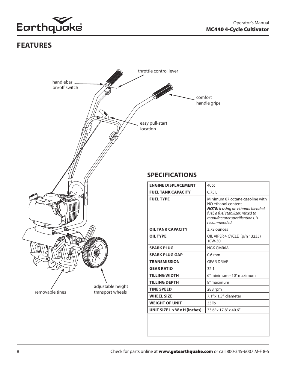 Features, Specifications | EarthQuake 12802 User Manual | Page 8 / 84