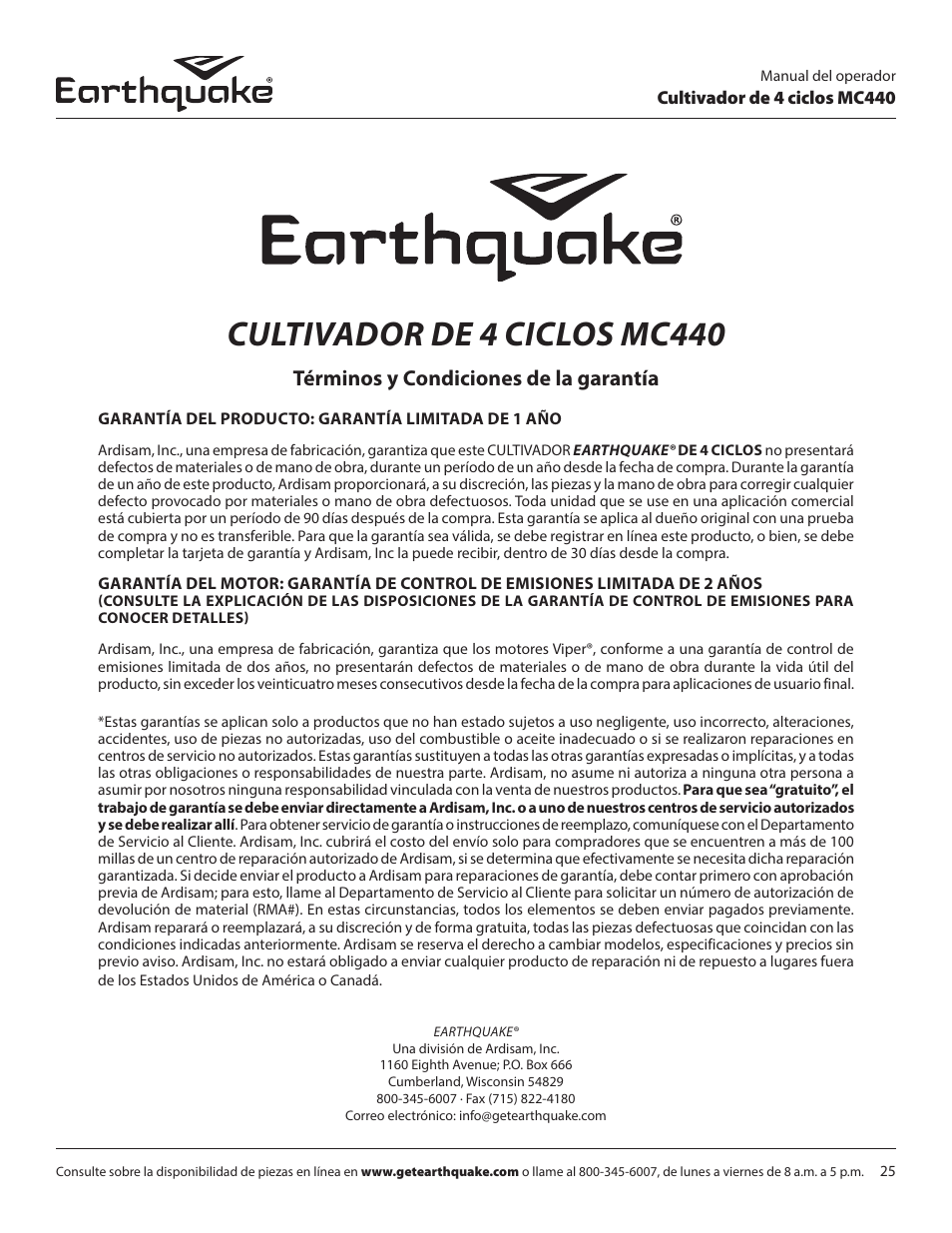 Cultivador de 4 ciclos mc440, Términos y condiciones de la garantía | EarthQuake 12802 User Manual | Page 81 / 84