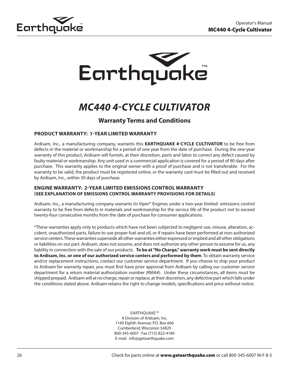 Mc440 4-cycle cultivator, Warranty terms and conditions | EarthQuake 12802 User Manual | Page 26 / 28