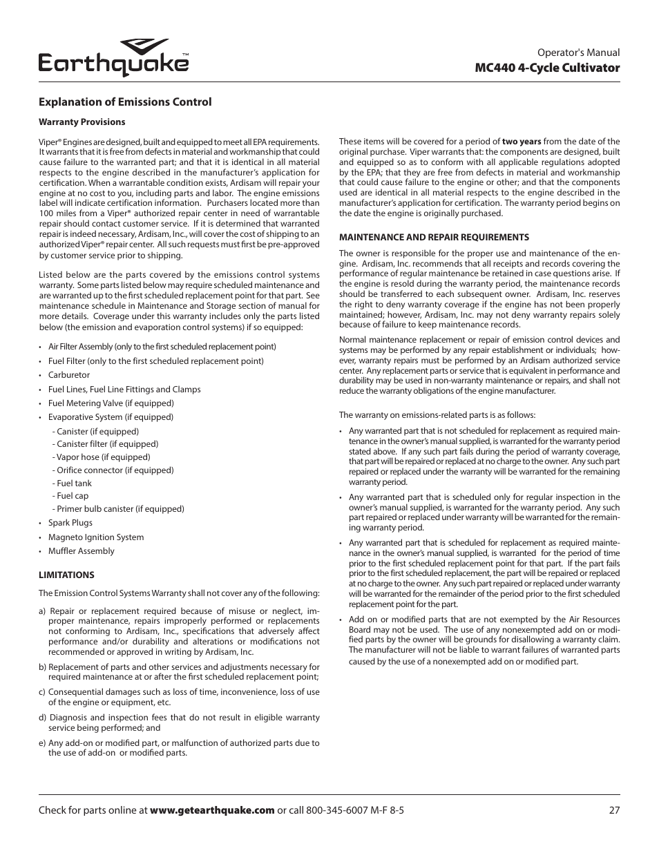 Mc440 4-cycle cultivator, Explanation of emissions control | EarthQuake 12802 User Manual | Page 27 / 28