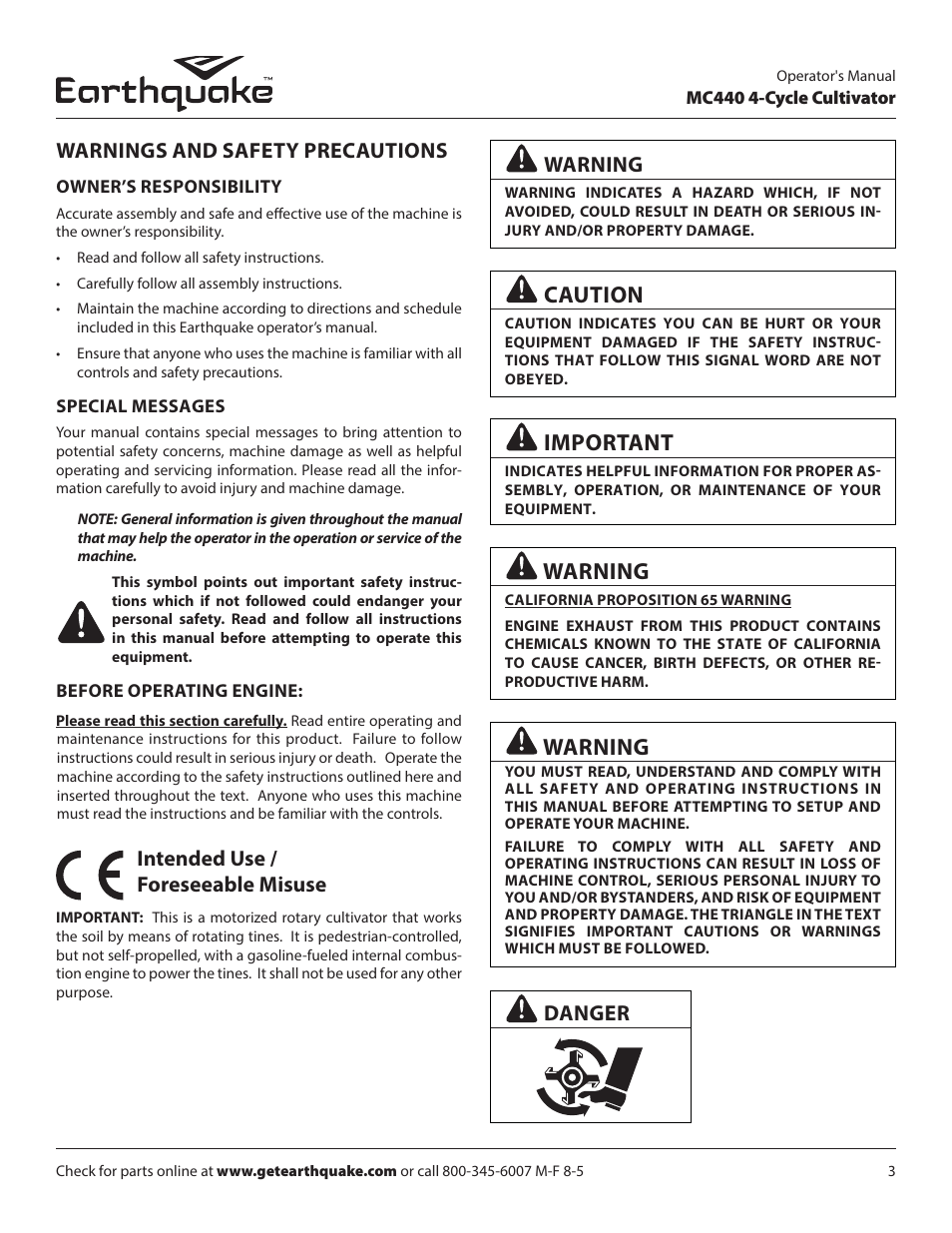 Caution, Important, Warnings and safety precautions | Warning, Intended use / foreseeable misuse, Danger | EarthQuake 12802 User Manual | Page 3 / 28