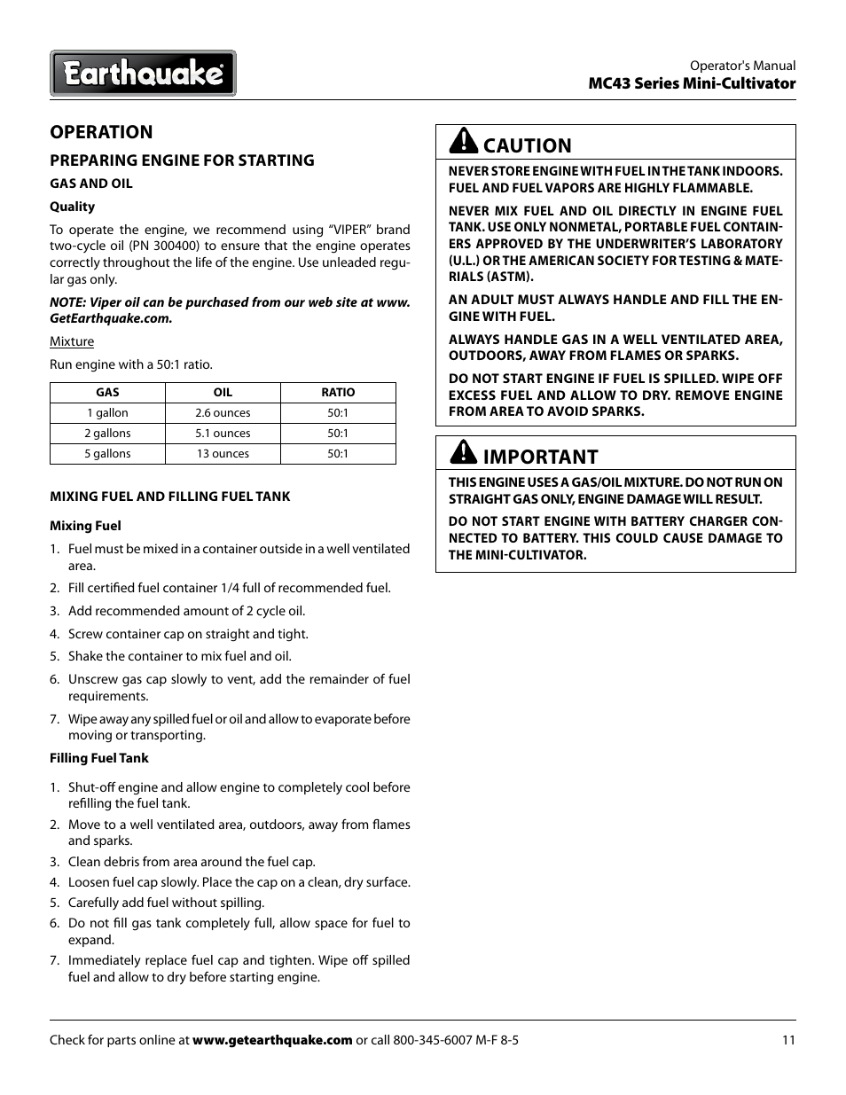 Caution, Important, Operation | EarthQuake MC43E User Manual | Page 11 / 32